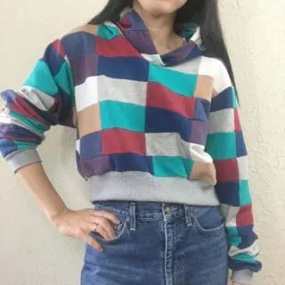 DIY patchwork cropped hoodie sweatshirt front