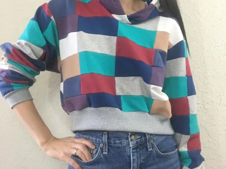 DIY patchwork cropped hoodie sweatshirt front