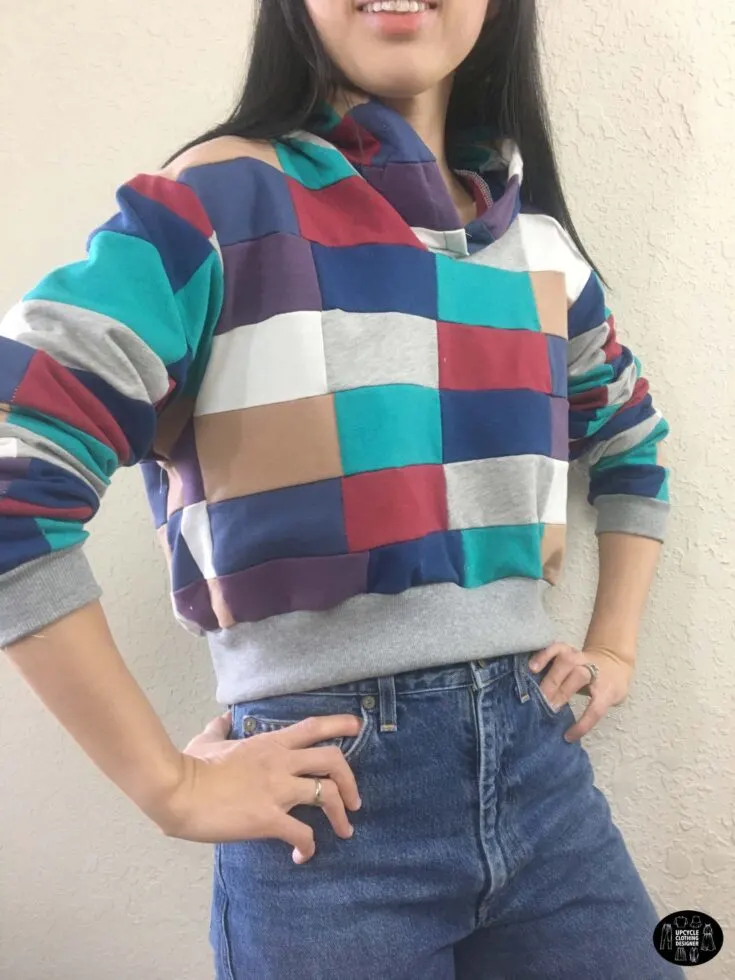 DIY patchwork cropped hoodie sweatshirt side front