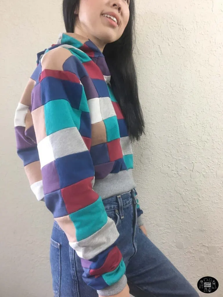 DIY patchwork cropped hoodie sweatshirt sideview