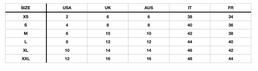 Fashion Wanderer numerical size chart Fashion Wanderer numerical size chart