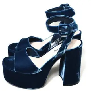 blue velvet block heels