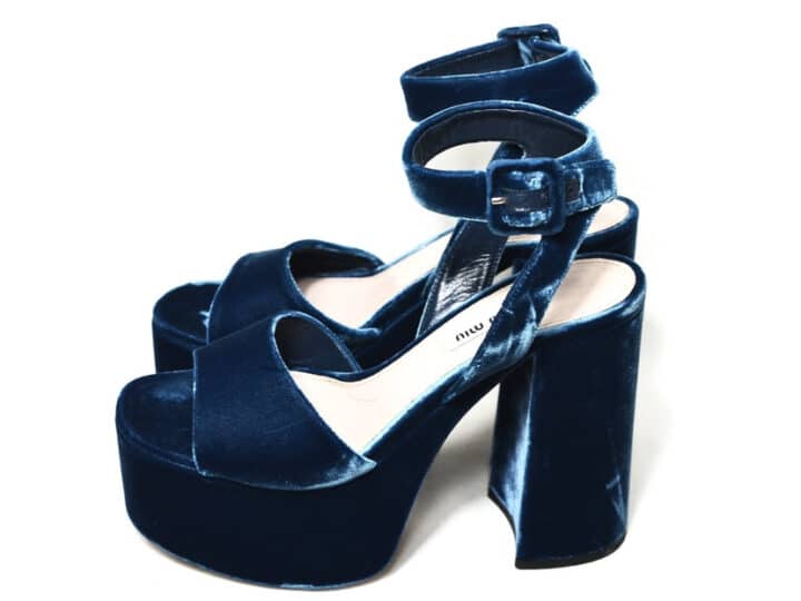 blue velvet block heels