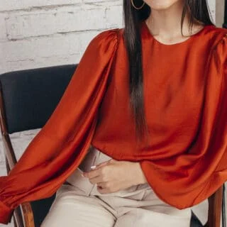 red color puff sleeve silk blouse