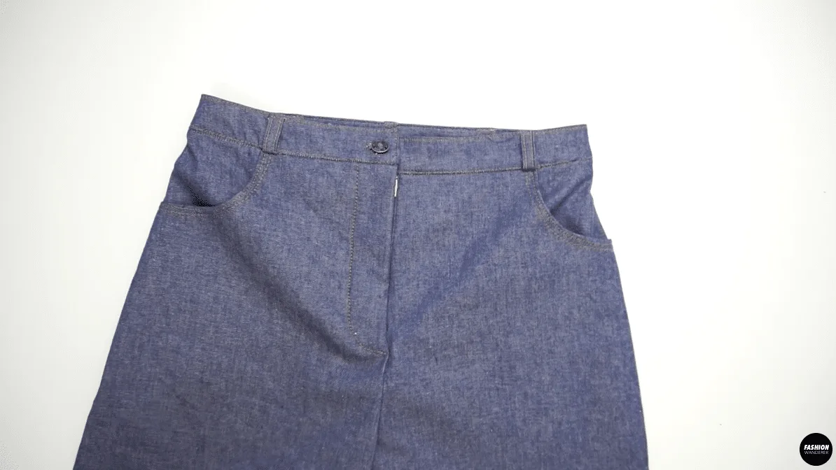 Finished front view of high waisted wide leg DIY denim jeans