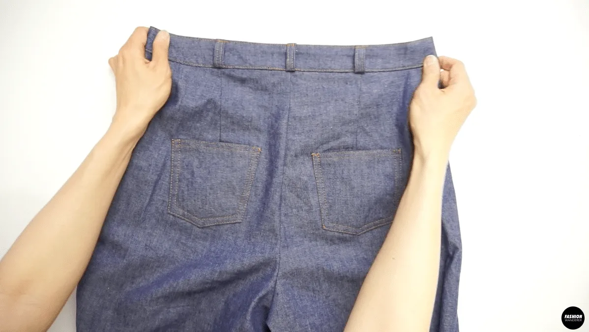 Finished back view of high waisted wide leg DIY denim jeans