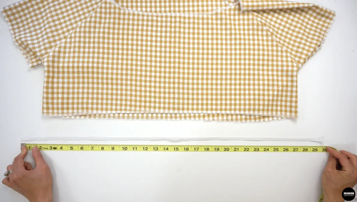 For Hemline, prepare 1 piece of 30” long 5/16” width elastic for size 6 sewing pattern. For size 4 the measurement is 29”, size 2 is 27”, size 8 is 31”, size 10 is 32” and for size 12 is 34” long.