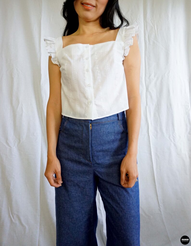 How to make Millie ruffle strap button up top front view How to make Millie ruffle strap button up top front view