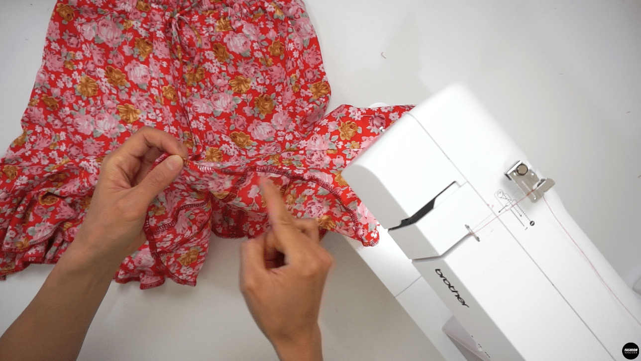 Finish the hemline with overlock stitch, then fold inside and ¼” width single fold hemline around the skirt opening.