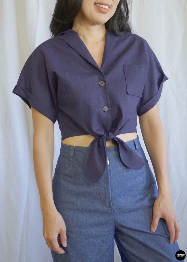Evie Front Tie Notched Collar Shirt front view Evie Front Tie Notched Collar Shirt front view