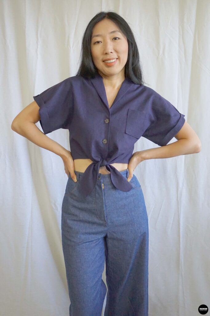 Evie Front Tie Notched Collar Shirt Full front view Evie Front Tie Notched Collar Shirt Full front view