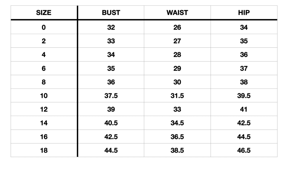 Fashion Wanderer size chart inches