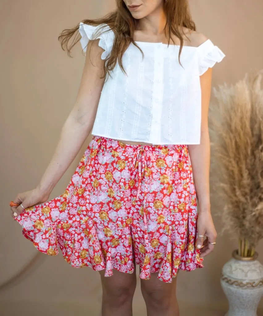 Stella tie waist godet mini skirt front view Stella mini skirt detail view