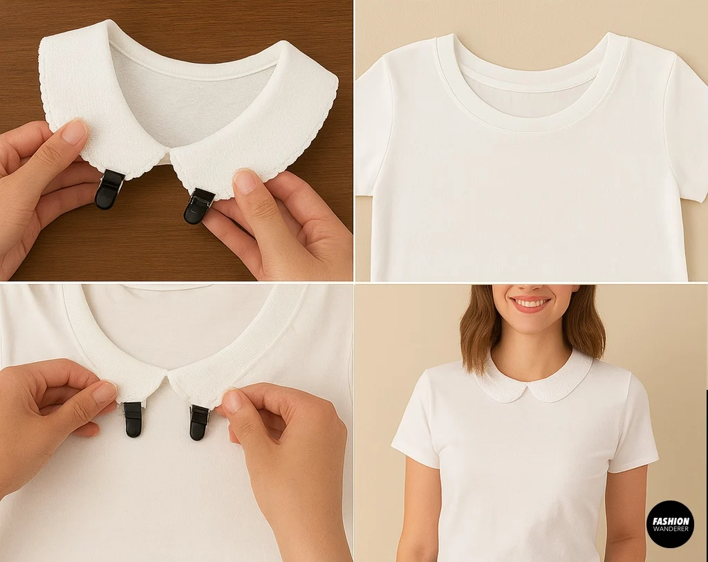 Four-panel photo collage showing how to attach a detachable white scalloped collar with clips to a plain white T-shirt, from holding the collar, placing on the shirt, clipping it on, to final styled look on a smiling woman.