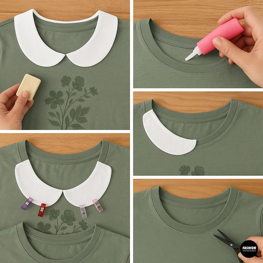 Five-panel step-by-step photo collage demonstrating how to prep, glue, clip, and let dry a white fabric glued faux collar on a green T-shirt.