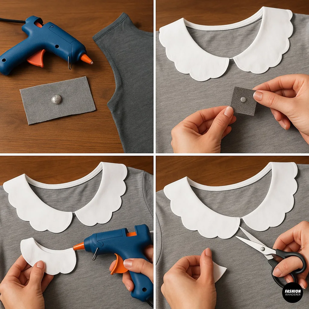 Five-step photo collage showing how to apply a hot-melt glue faux collar on a gray T-shirt, including materials, glue gun use, placement, trimming, and final finish.