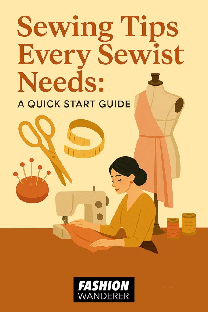 Cover page for a sewign hacks ebook that will help you with skills like choose the right fabrics, pick essential sewing tools, and master your first stitches with ease with our sewing patterns