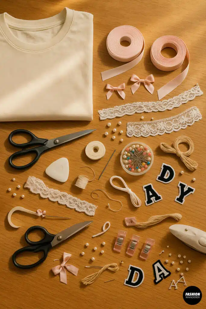 DIY t-shirt decoration supplies flatlay — includes white cotton t-shirt, pink ribbon, lace trim, pearl beads, letter patches (LADY, DAD), fabric scissors, sewing tools, embroidery floss, and mini bows on a wooden table — perfect for beginner fashion craft projects. Let me know if you want Pinterest-specific or product-tag style versions too!