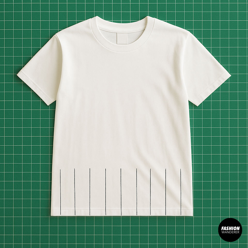 White t-shirt with evenly spaced vertical lines drawn on the bottom half — prepping for cutting fringe strips in a DIY cropped t-shirt project.
