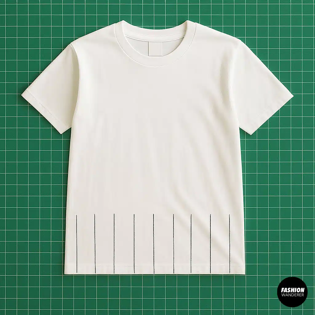 White t-shirt with evenly spaced vertical lines drawn on the bottom half — prepping for cutting fringe strips in a DIY cropped t-shirt project.
