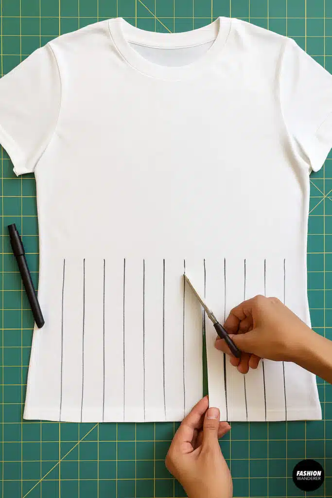 Hands using scissors to cut along vertical lines on a marked white t-shirt — step 3 of a DIY no-sew fringe crop top tutorial.
