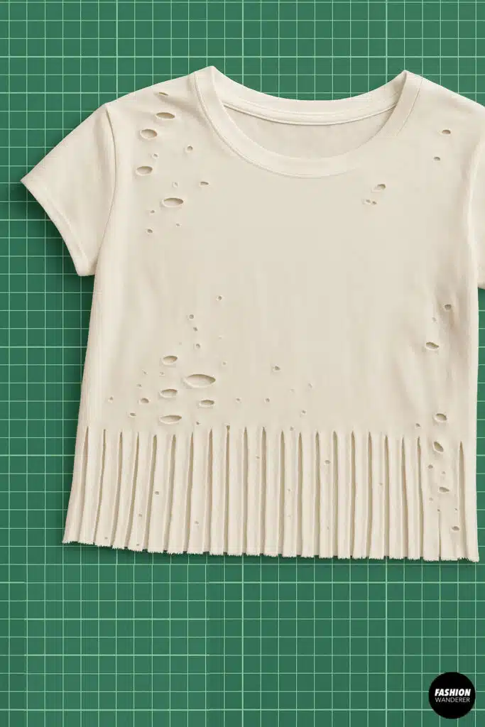 Finished DIY distressed crop top featuring fringe hem and scattered holes across the top — laid flat on a green cutting mat for a clean reveal.