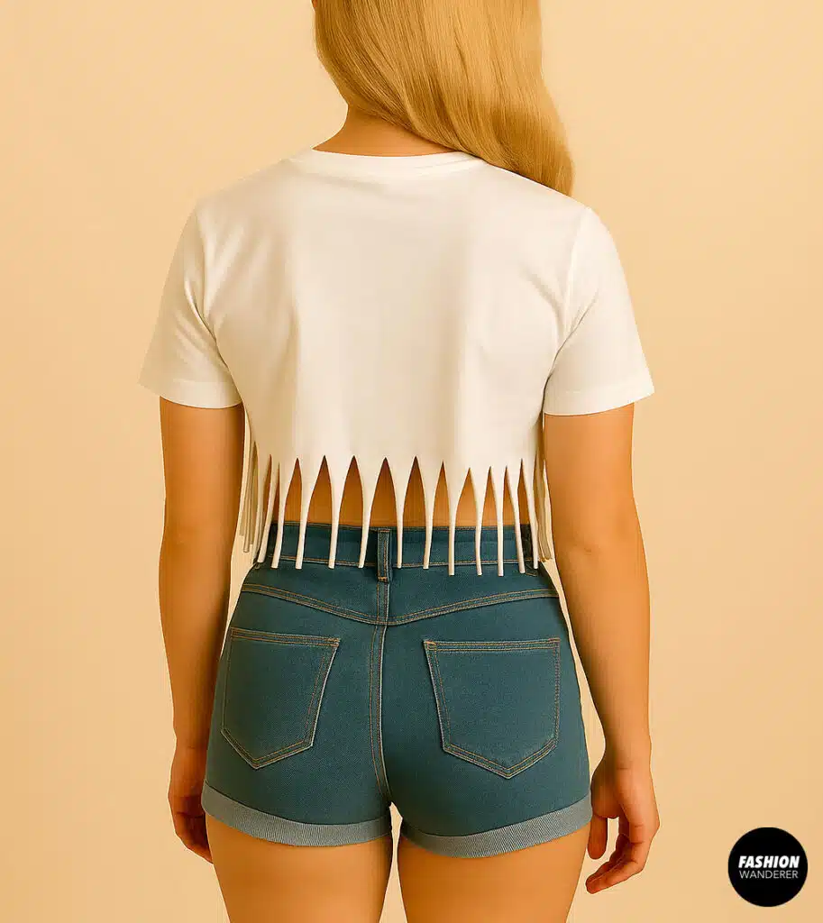 Back view of a DIY no-sew fringed crop top made from a white t-shirt — features clean vertical cuts and paired with high-waisted denim shorts for a trendy summer look.