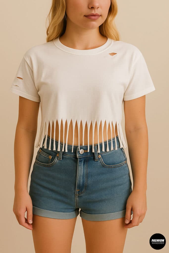 Front view of a model wearing a DIY distressed cropped white t-shirt with fringe hem — paired with high-waisted denim shorts for a casual, edgy summer outfit.