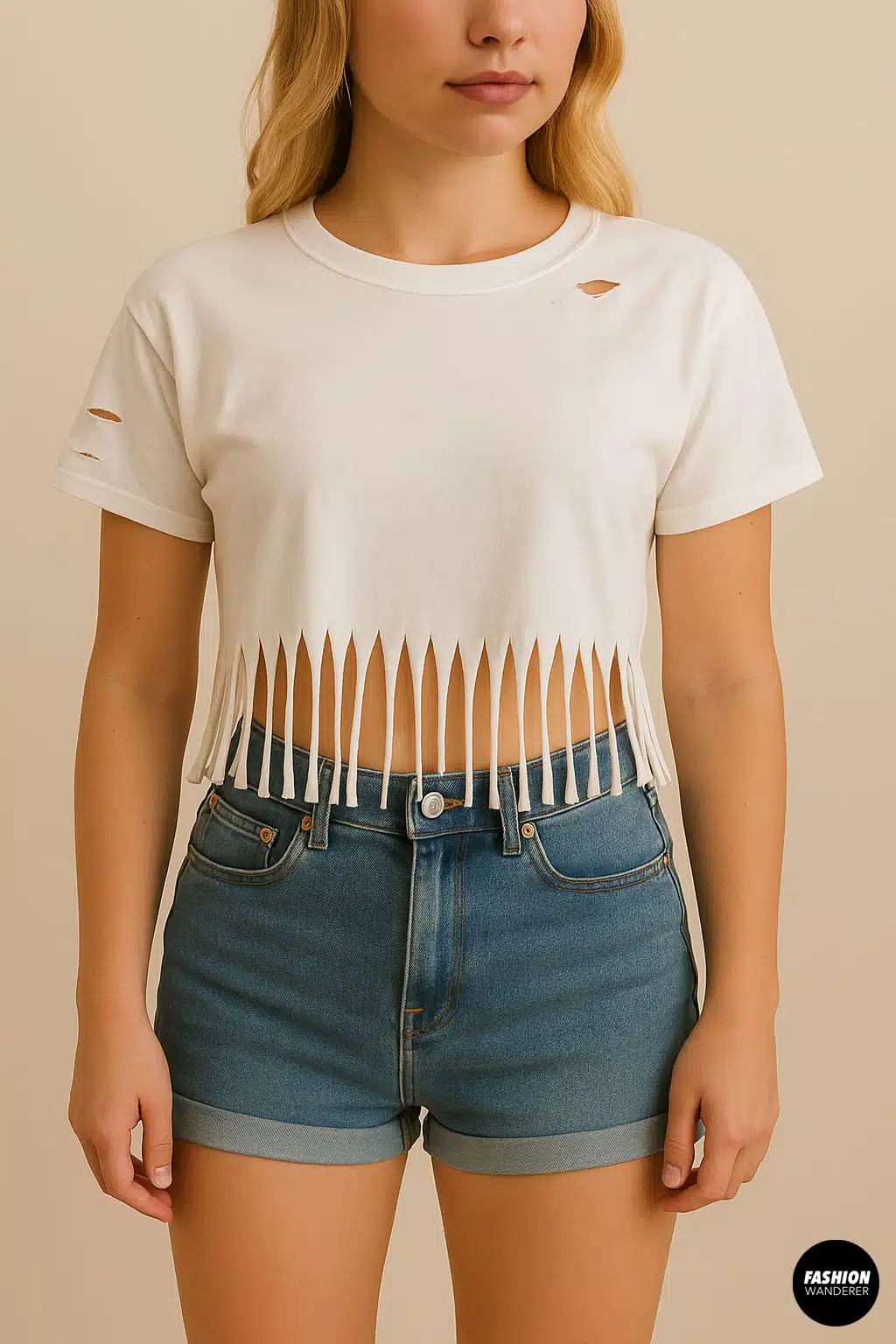 Front view of a model wearing a DIY distressed cropped white t-shirt with fringe hem &mdash; paired with high-waisted denim shorts for a casual, edgy summer outfit.