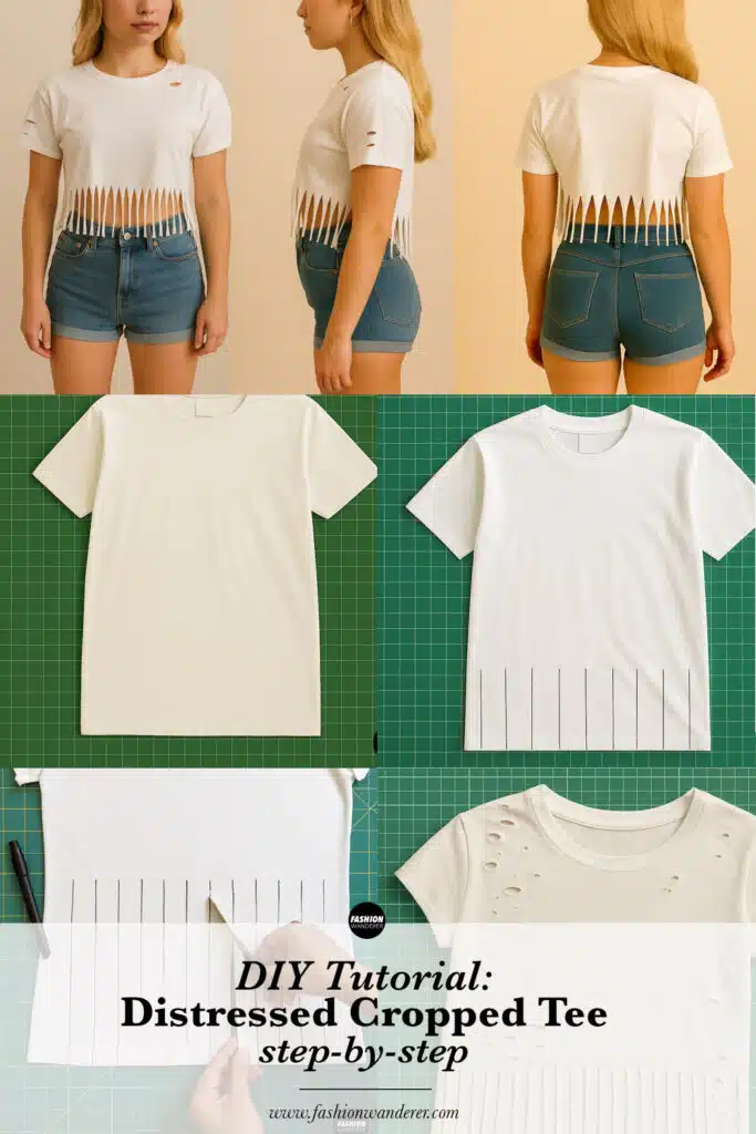 Step-by-step collage showing how to transform a plain t-shirt into a trendy no-sew fringed crop top — includes marking, cutting, and styling process, with front and side views of the finished DIY distressed tee.