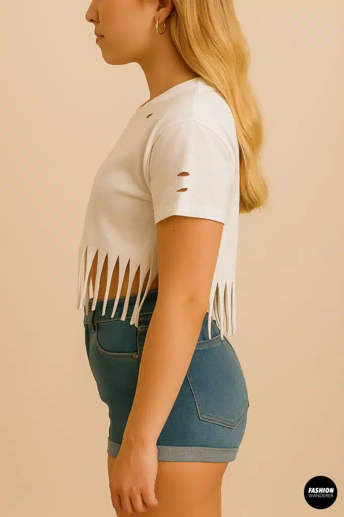 Side view of a DIY no-sew cropped t-shirt with vertical fringe cuts and small distressed holes — styled with rolled denim shorts for a laid-back streetwear vibe.