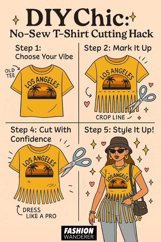 Illustrated step-by-step guide showing how to make a DIY no-sew fringed crop top from an old t-shirt — includes cutting and styling tips for a trendy summer festival look.