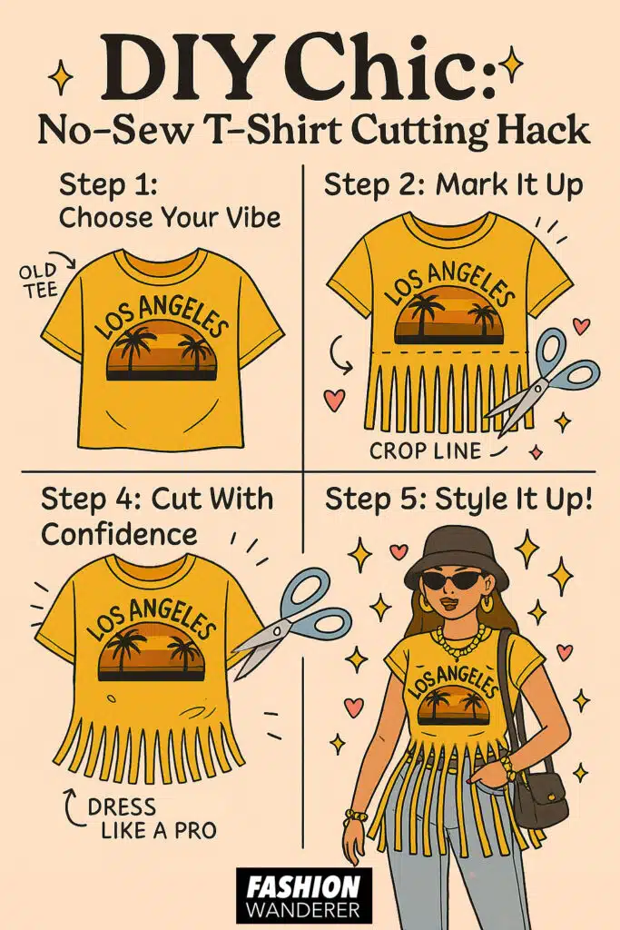 Illustrated step-by-step guide showing how to make a DIY no-sew fringed crop top from an old t-shirt — includes cutting and styling tips for a trendy summer festival look.