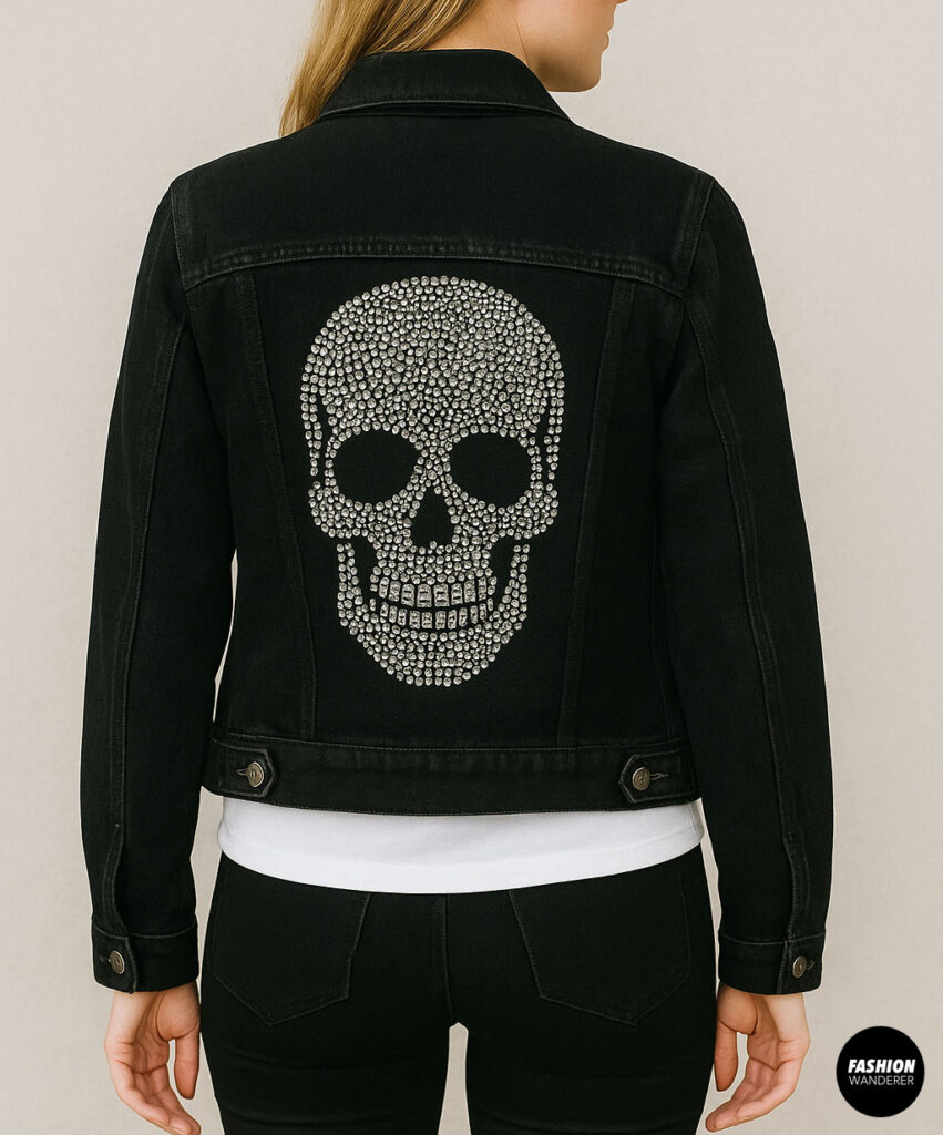 Woman wearing a black denim jacket with large rhinestone skull design on the back