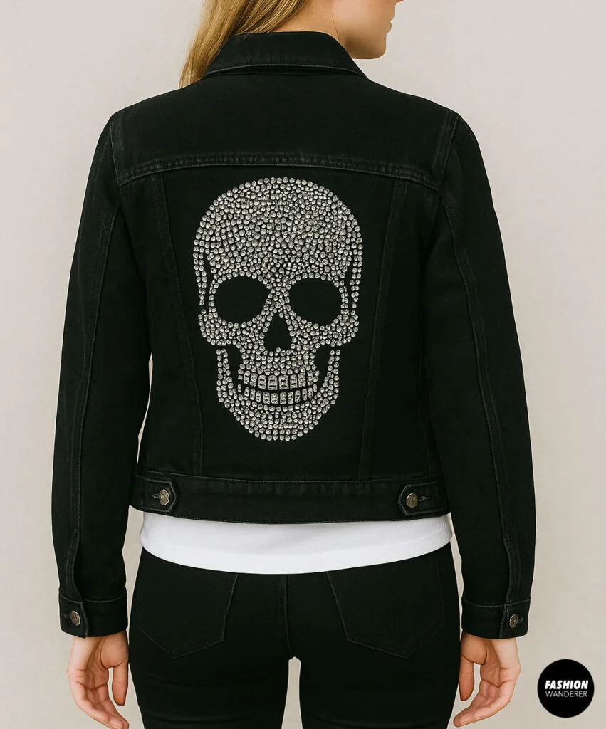 Woman wearing a black denim jacket with large rhinestone skull design on the back