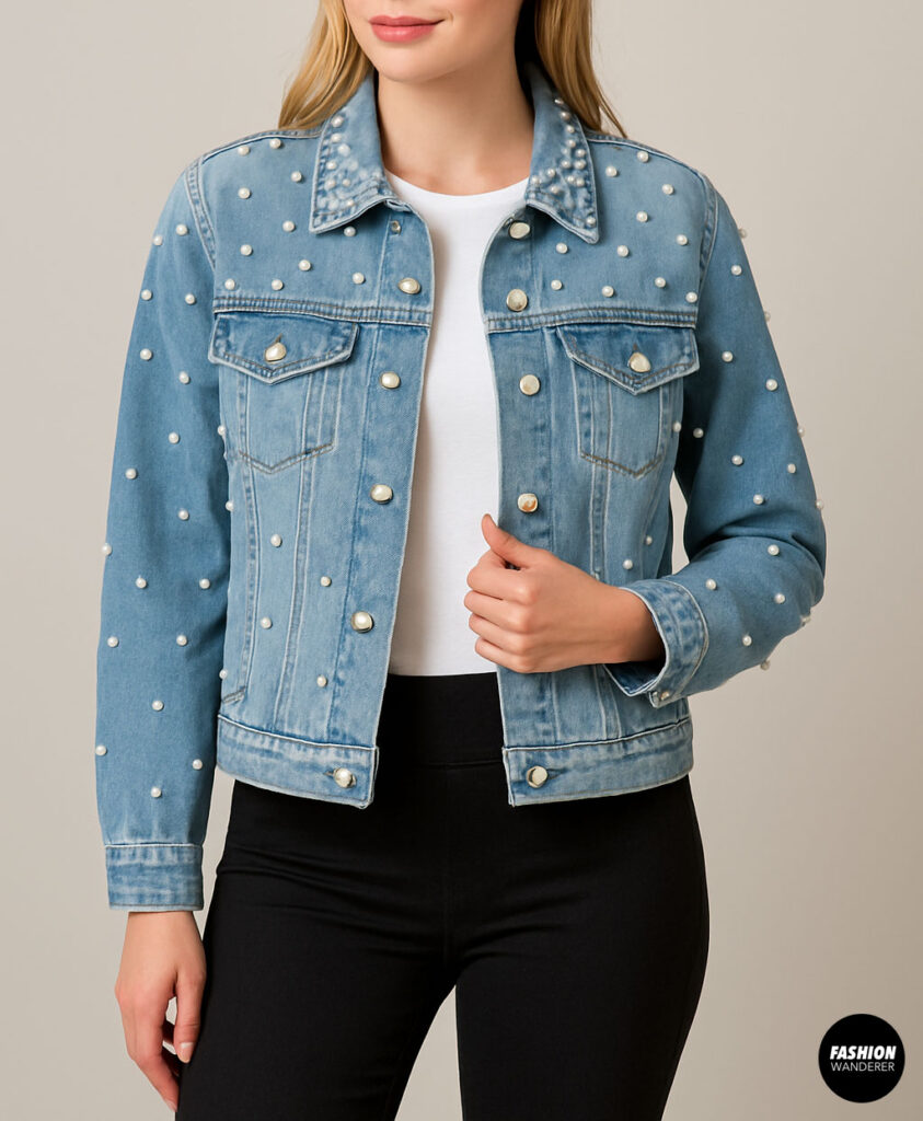 Front view of a woman wearing a blue denim jacket decorated with pearl beads on collar and sleeves