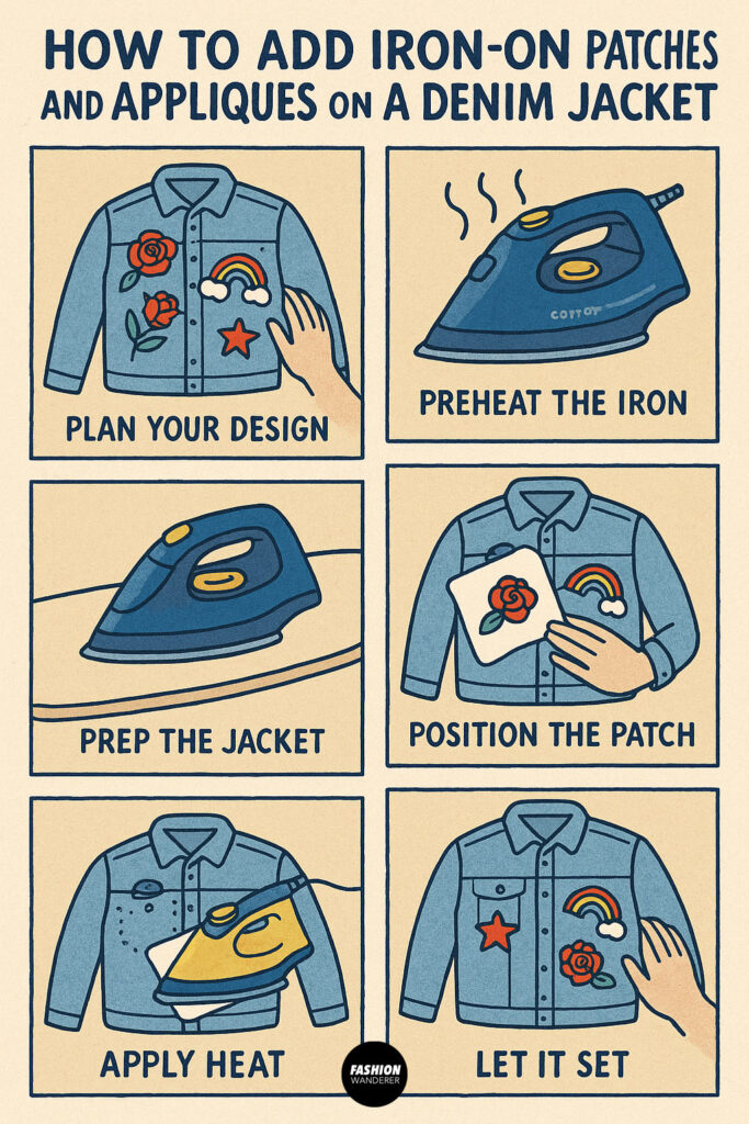 Step-by-step illustrated infographic showing how to add iron-on patches to a denim jacket, including prepping, ironing, and setting the patches.