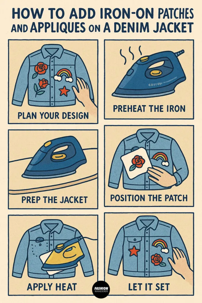 Step-by-step illustrated infographic showing how to add iron-on patches to a denim jacket, including prepping, ironing, and setting the patches.