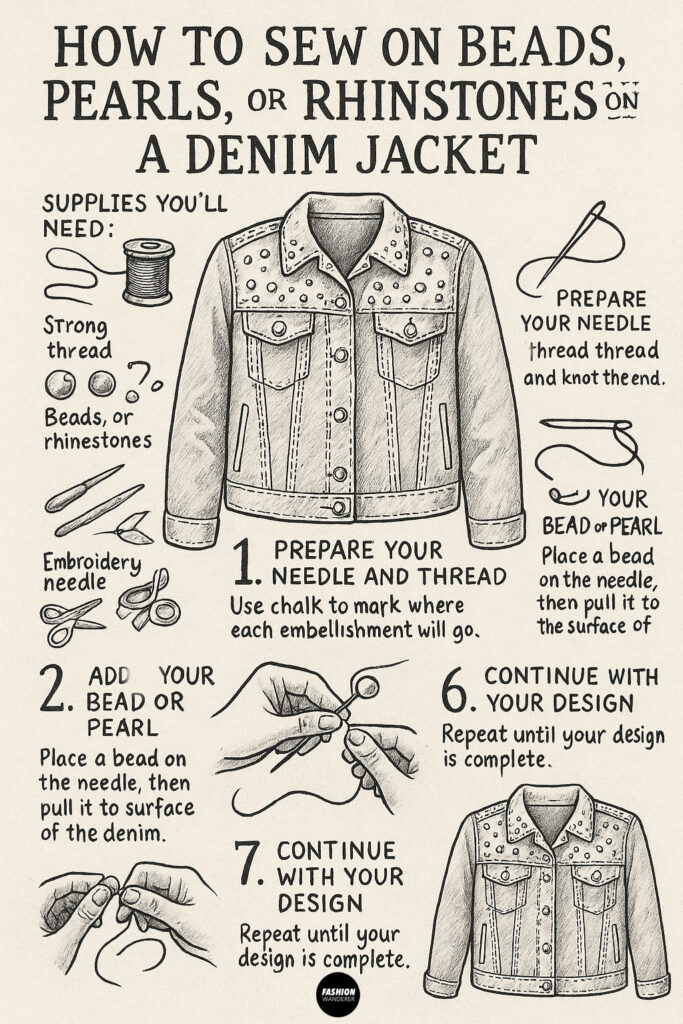 Hand-drawn infographic tutorial showing step-by-step instructions on how to sew beads, pearls, or rhinestones onto a denim jacket with illustrations and labeled tools.