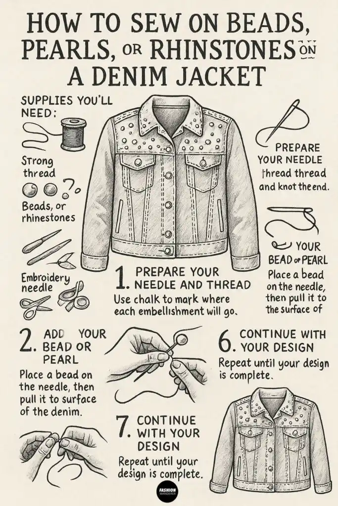 Hand-drawn infographic tutorial showing step-by-step instructions on how to sew beads, pearls, or rhinestones onto a denim jacket with illustrations and labeled tools.