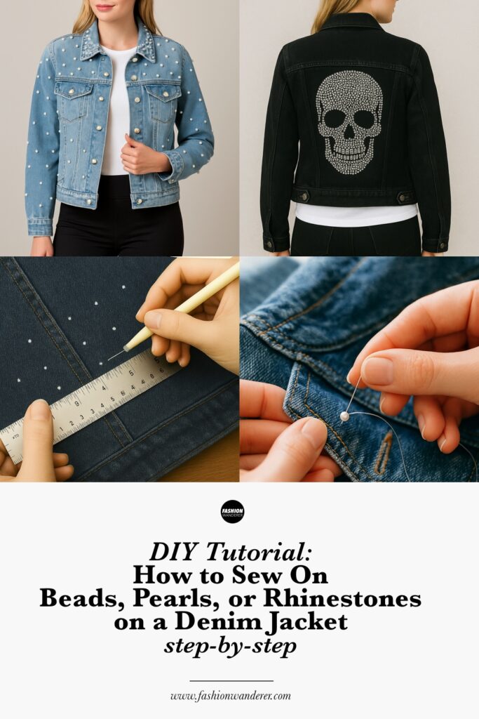 Step-by-step denim jacket embellishment collage showing hand sewing beads, pearl designs, rhinestone skull back, style layouts, and thread finishing techniques for DIY fashion upgrade