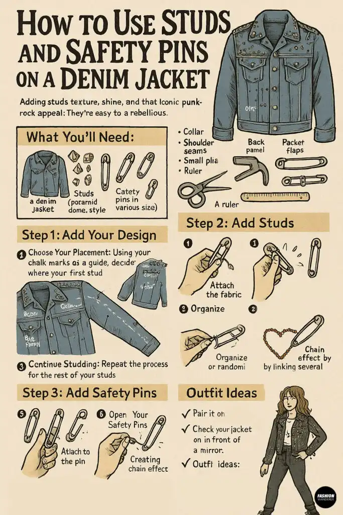 DIY infographic showing how to add studs and safety pins to a denim jacket for a punk-inspired look, with tools, placement tips, and outfit ideas.