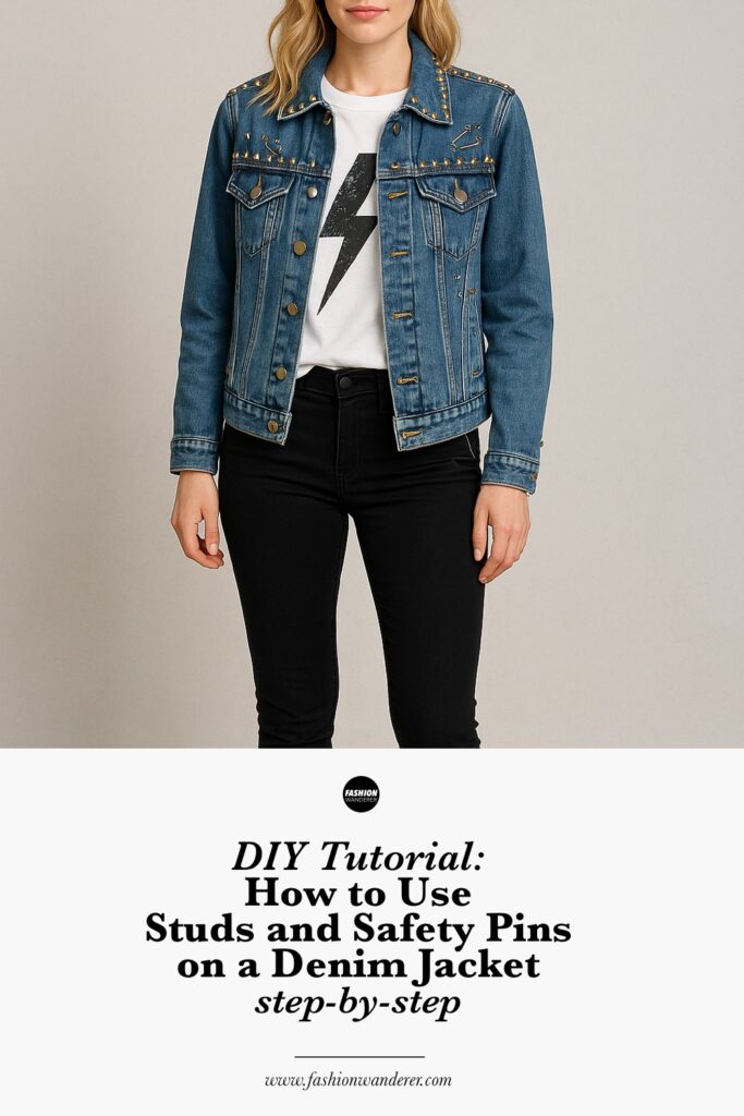 DIY denim jacket customization tutorial collage showing how to add studs and safety pins, plan the design, secure embellishments, and style the finished look with various outfit ideas.