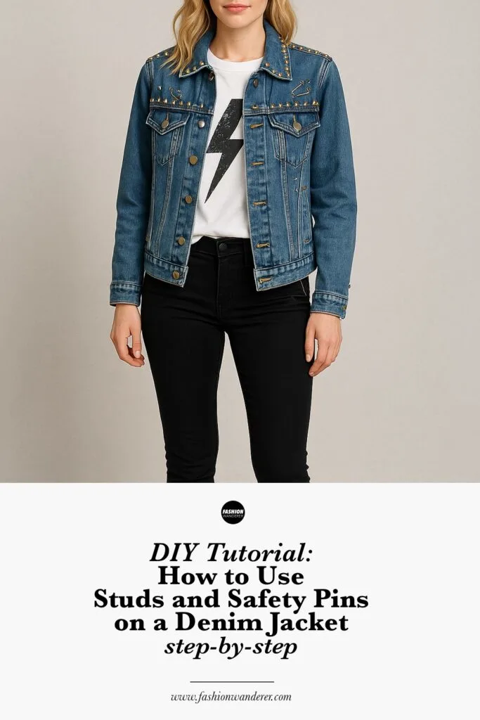 DIY denim jacket customization tutorial collage showing how to add studs and safety pins, plan the design, secure embellishments, and style the finished look with various outfit ideas.
