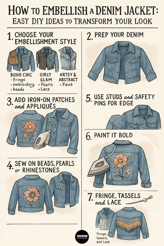 Hand-drawn infographic showing 7-step guide to embellish a denim jacket with patches, pearls, paint, fringe, and safety pins.