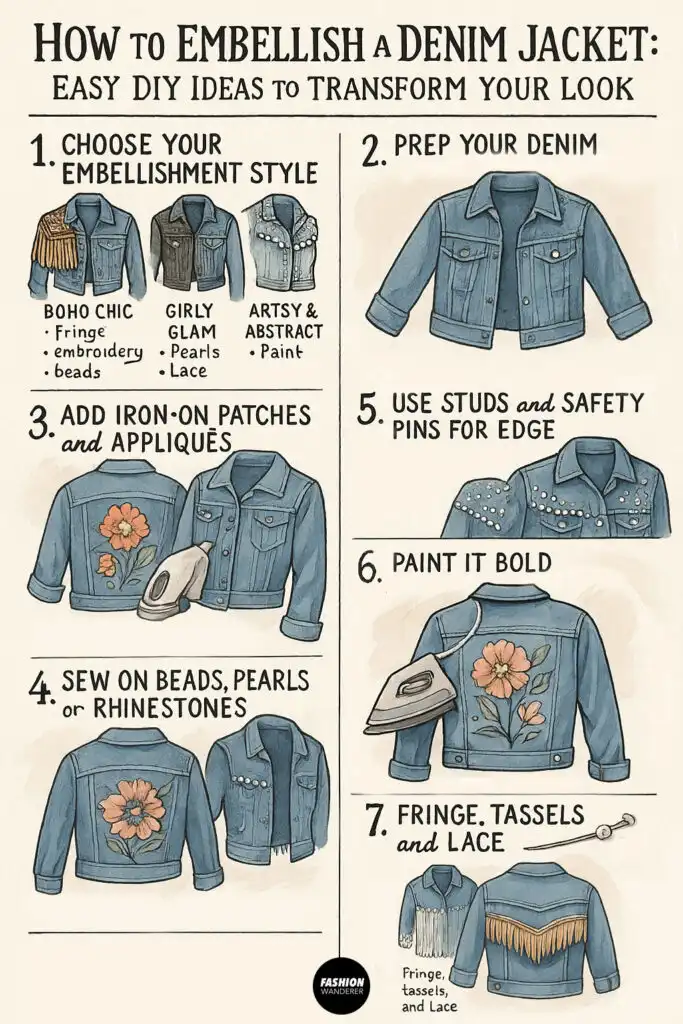 Hand-drawn infographic showing 7-step guide to embellish a denim jacket with patches, pearls, paint, fringe, and safety pins.