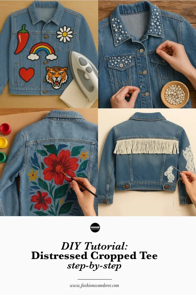 Step-by-step visual collage showing how to embellish a denim jacket with patches, pearls, paint, fringe, and safety pins for a stylish DIY transformation.