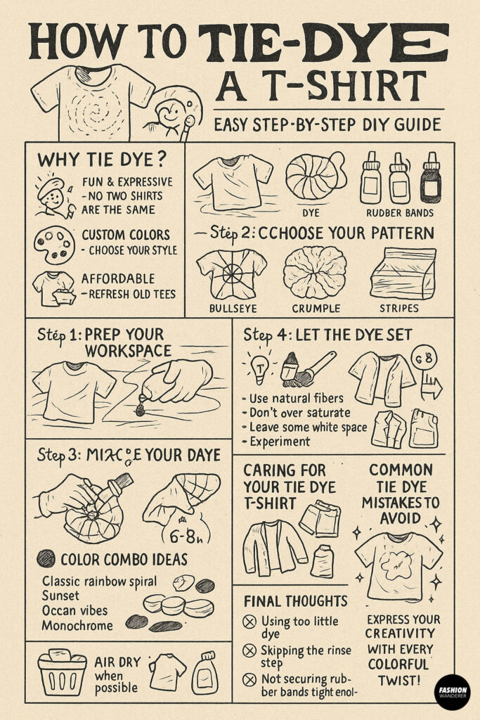 Step-by-step infographic guide showing how to tie dye a t-shirt including prepping the workspace, choosing a pattern, applying dye, letting it set, and care tips.