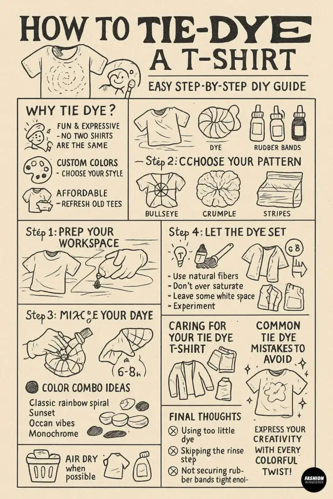 Step-by-step infographic guide showing how to tie dye a t-shirt including prepping the workspace, choosing a pattern, applying dye, letting it set, and care tips.
