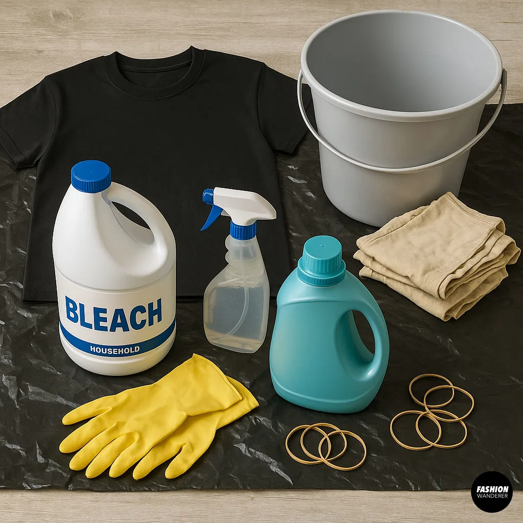 Flatlay of bleach, gloves, rubber bands, detergent, black t-shirt, bucket, spray bottle, and towels — all essential supplies for a DIY acid wash t-shirt project.